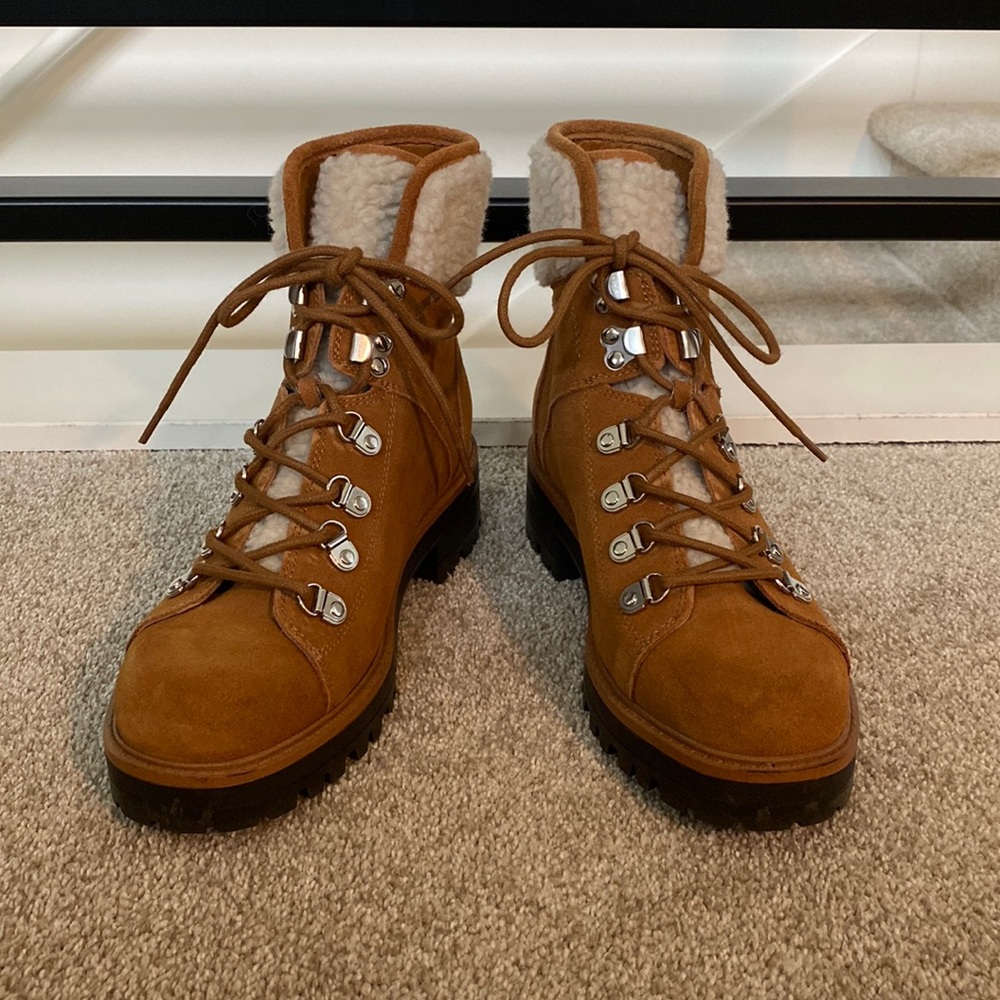 Marc Fisher lug sole boot with shearling, chestnut brown, size 8 1/2